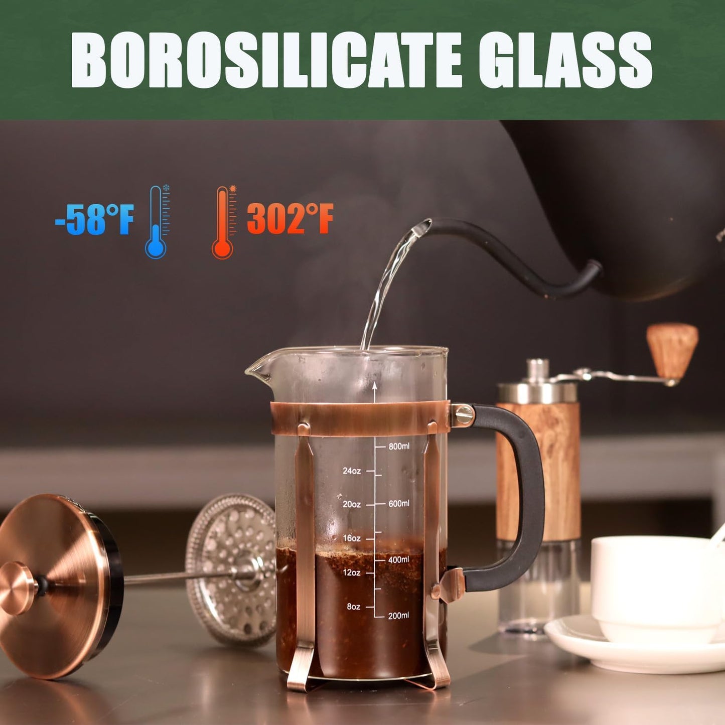 French Press Coffee Maker - 21 Ounce / 600ML, Stainless Steel & Heat-Resistant Borosilicate Glass - Ideal for Cold Brew, Espresso, 4-Filter System