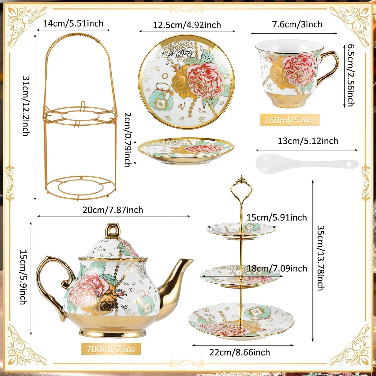 Maxcheck 21 Pcs Tea Party Set for Adults European Floral Tea Set with Metal Holder and 3 Tier Ceramic Cake Stand Porcelain Flower Cup Teapot for Dessert Cupcake(Elegant Style)