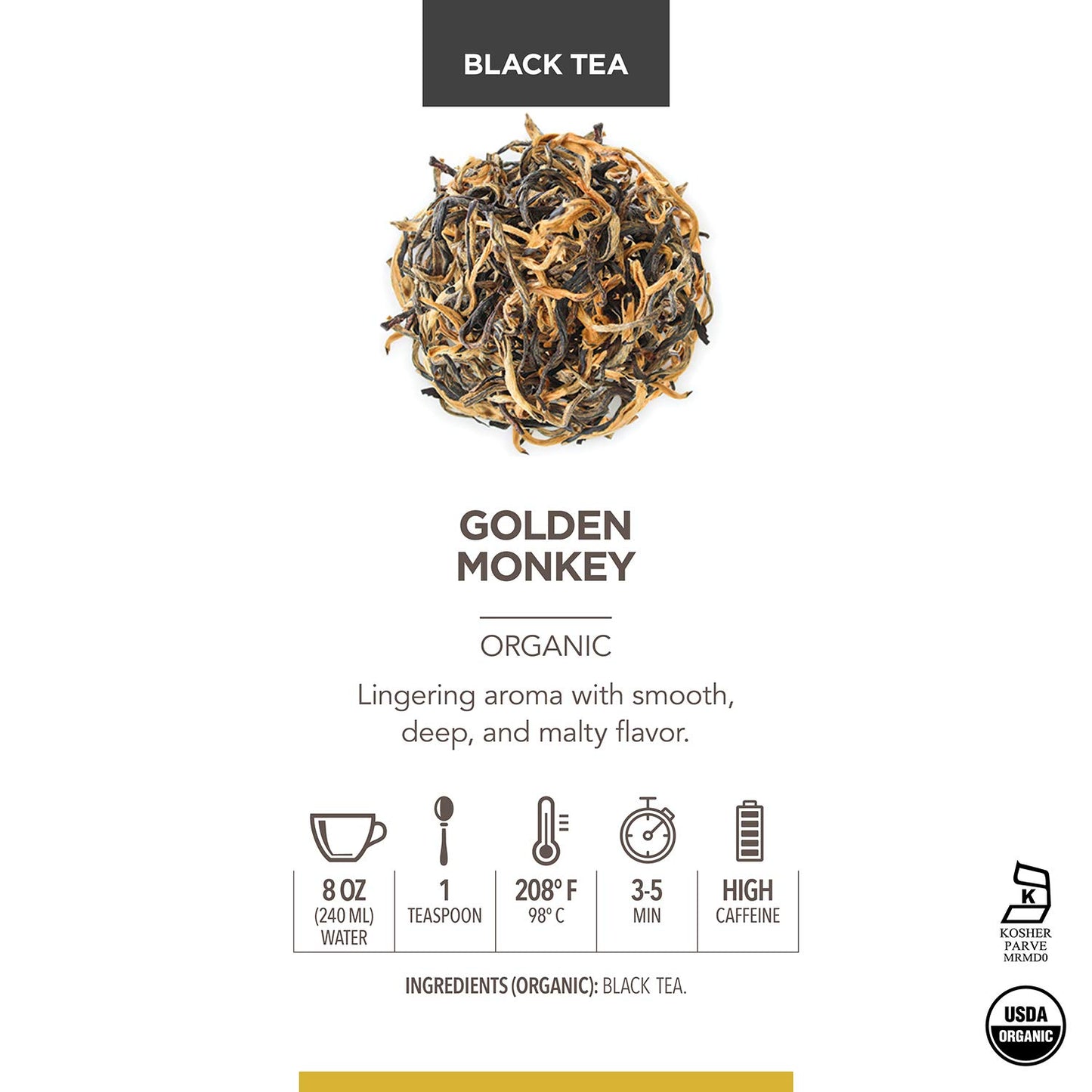 Teabloom Organic Golden Monkey Loose Leaf Tea, USDA Certified Organic Black Tea, Lingering Aroma with Smooth and Malty Flavor, 2.12 Ounce Loose Leaf Tea Canister Makes 35-50 Cups