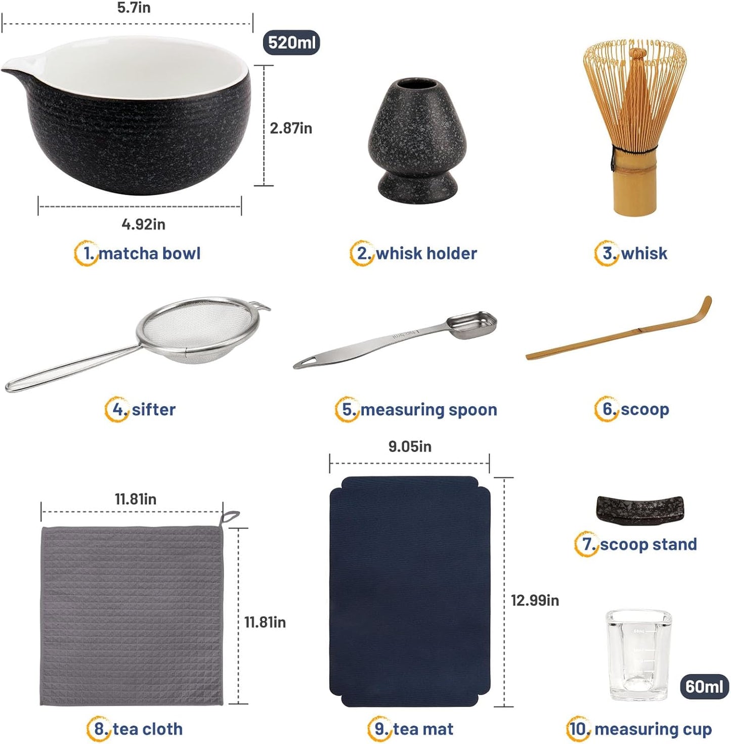 10-Pcs Matcha Kit Set, Whisk and Bowl with Spout & Measuring Spoon, Japanese Tea Making Tools, Charcoal Grey