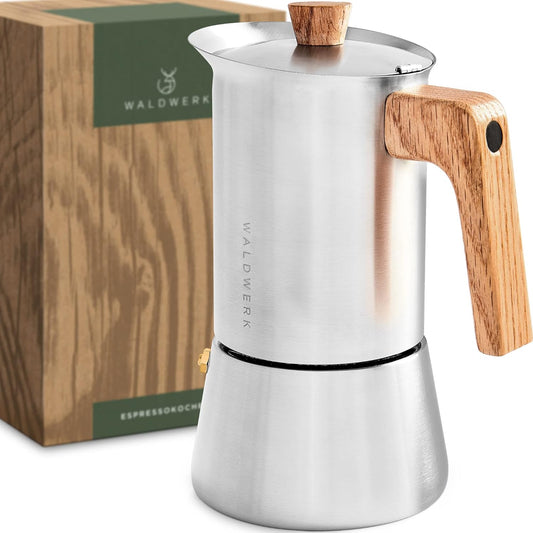 WALDWERK Stainless Steel Moka Pot (10oz) - Toxic Free Moka Pot with Oak Wood Handle - Stovetop Espresso Maker - Italian Coffee Maker for Stovetop and Induction