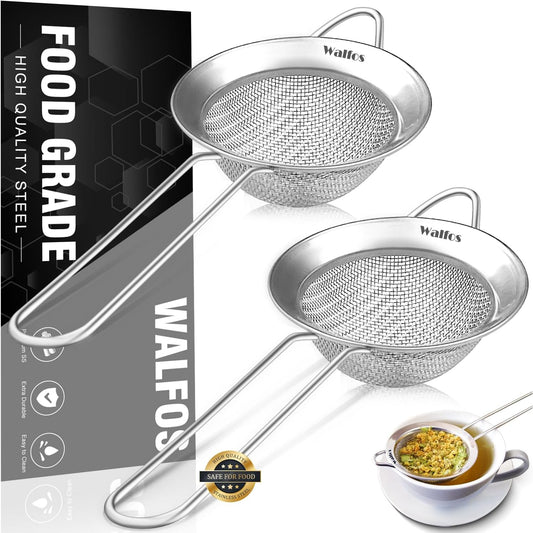 Walfos Small Fine Mesh Tea Strainer, Mini Stainless Steel Sieve with Handle, 2.8 Inch Kitchen Metal Sifter Strainers for Tea, Juicing, Coffee, Cocktail, Powdered Sugar, Matcha (2 Pack)