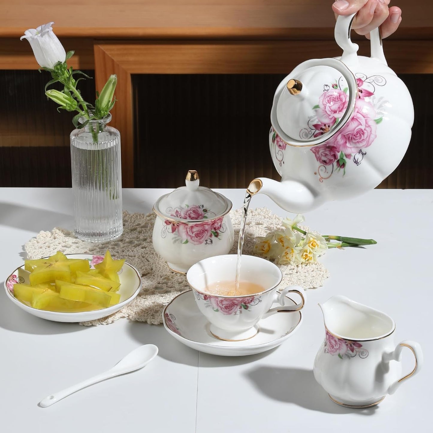 Sweejar Ceramic Teapot with Infuser, Floral Relief Gold Rimmed Teapot, 29 OZ Porcelain Tea Pot for Blooming and Loose Tea, Coffee...(Flower)