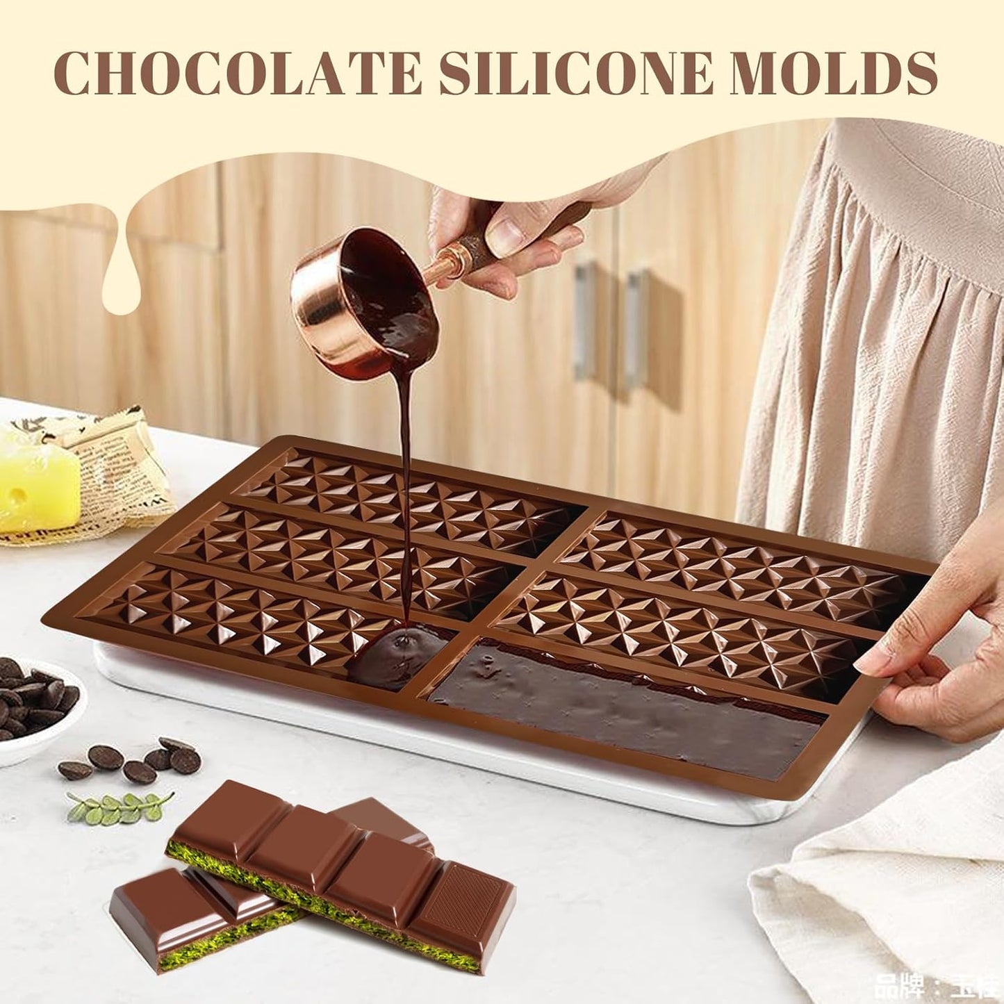 2 Pack Chocolate Bar Mold Deep for Stuffed Bar, Non-Stick Thick Chocolate Molds, Silicone Chocolate Candy Molds for Knafeh Pistachio Chocolate Bar, Candy, DIY Handmade Gifts (2 Pcs Diamond)