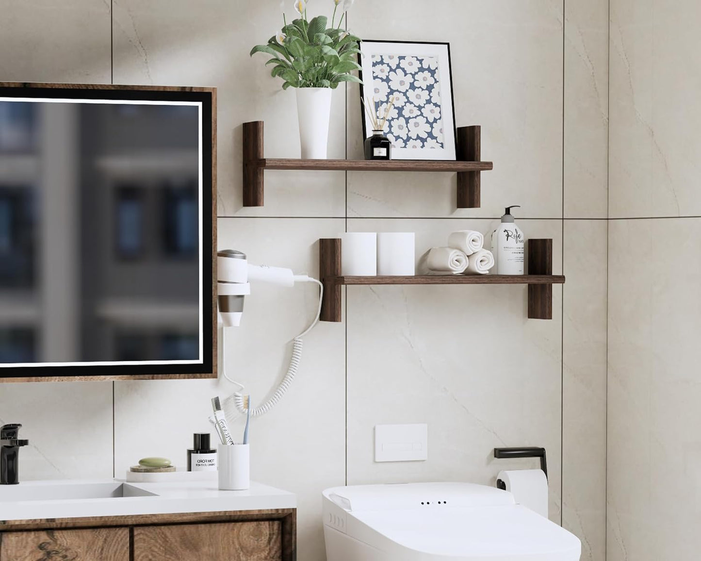 Rustic Floating Shelves – 22.8"x6.7" Solid Wood Bookshelves for Books, Plants, Photos & Decor – Brown Wooden Storage for Bedroom, Living Room, Bathroom, Kitchen