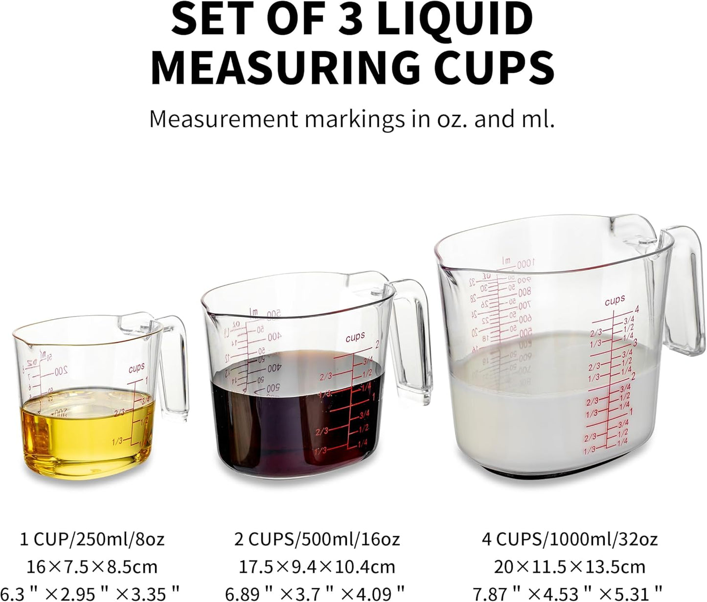 3PCS Nesting Liquid Measuring Cups Set, Measuring Jugs For Kitchen 1 Cup/250ml/8oz, 2 Cup/500ml/16oz,4 Cup/1000ml/32oz - BPA Free Plastic Set with Spout Multiple Measurement Scales (Clear)