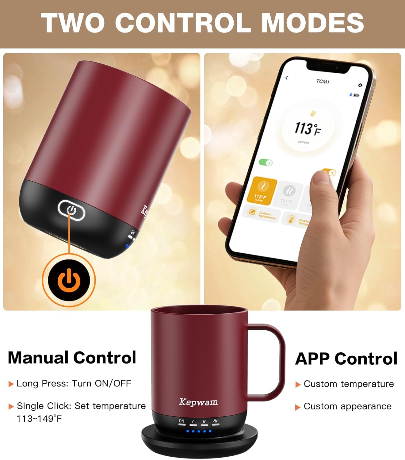 Self Heating Coffee Mug T1-16oz Fast Heating & Ultra Long-Lasting Battery Life, Heated Coffee Mug Up to 149℉ - Touch & App Controlled Coffee Mug, Birthday Gifts for Women and Men
