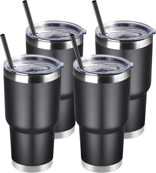 DOMICARE 30 oz Tumbler with Lid and Straw, Stainless Steel Tumblers Bulk, Insulated Vacuum Double Wall Travel Coffee Mug, Durable Powder Coated Tumbler Cups (Black, 4)