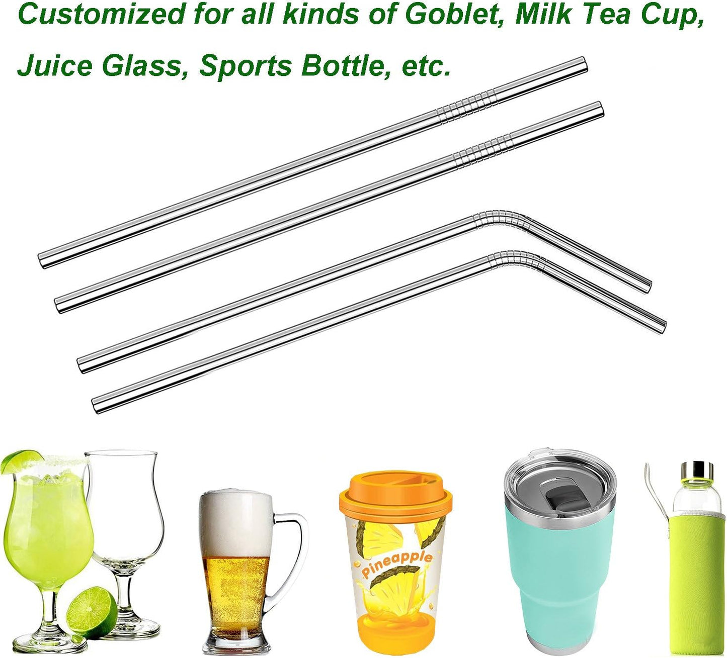 VEHHE Metal Straws Stainless Steel Straws Drinking Straws Reusable - 10.5" Ultra Long 4 + 1 - W/Cleaning Brush for 20/30 Oz for Yeti RTIC SIC Ozark Trail Tumblers (2 Straight|2 Bent|1 Brush)