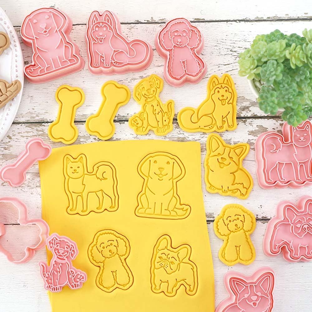 8 Dog Cookie Cutters Set, 3D Puppy Cookie Stamps, Cupcake Pancake Apple Pie Pastry Biscuit Molds, Cookie Baking Molds for Dog Party Decorations (Puppy-2)