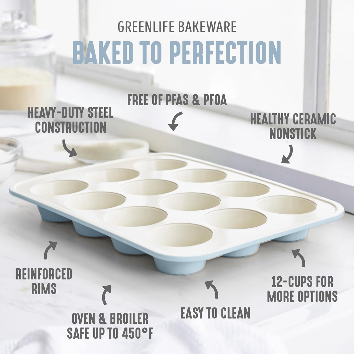 GreenLife 12-Cup Muffin Pan, Healthy Ceramic Nonstick Bakeware, PFOA & PFAS-Free Cupcake Tray, Durable Baking Pan, Versatile Kitchen Essential, Easy Clean Muffin Mold, Nonstick Baking Sheet, Blue Haze