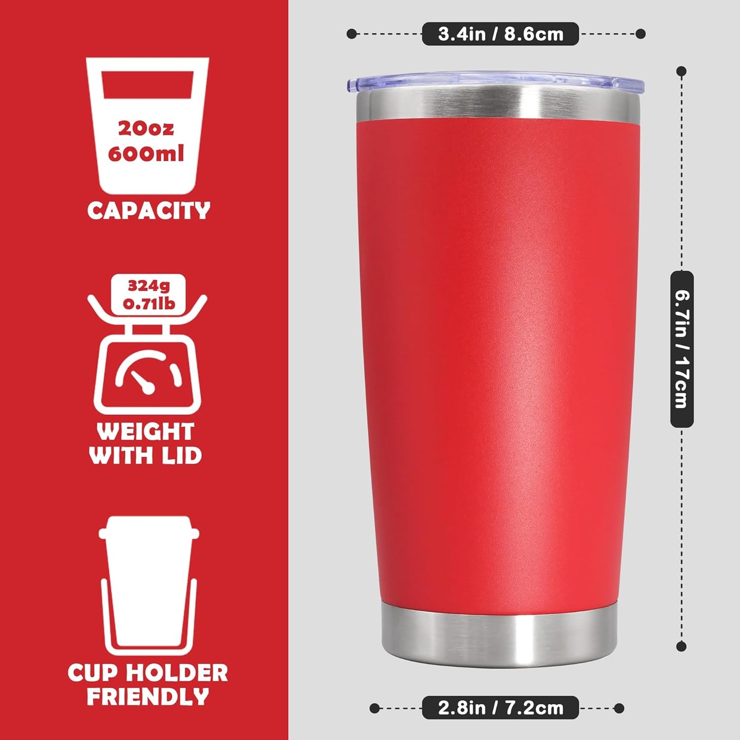 20oz Tumbler Bulk Stainless Steel Tumbler Cup with Lid Vacuum Insulated Double Wall Travel Mug, Durable Powder Coated Travel Coffee Tumbler Mug for Hot & Cold Drinks, Red,8 Pack
