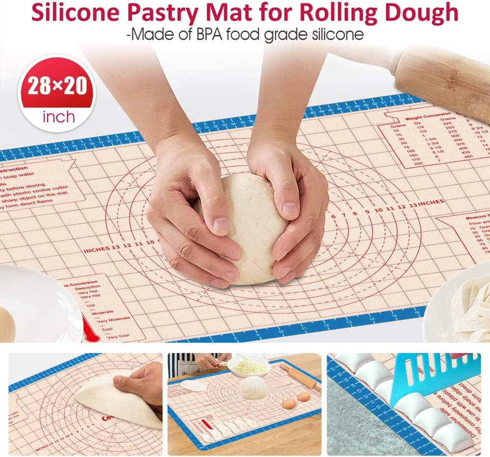 Pastry Baking Mat 28x20 Inch - Larger Silicone Baking Pastry Mat for Rolling Dough,Non Silp Silicon Dough Sheet Mat with Measurement,Perfect for Making Pie,Pizza(Blue)