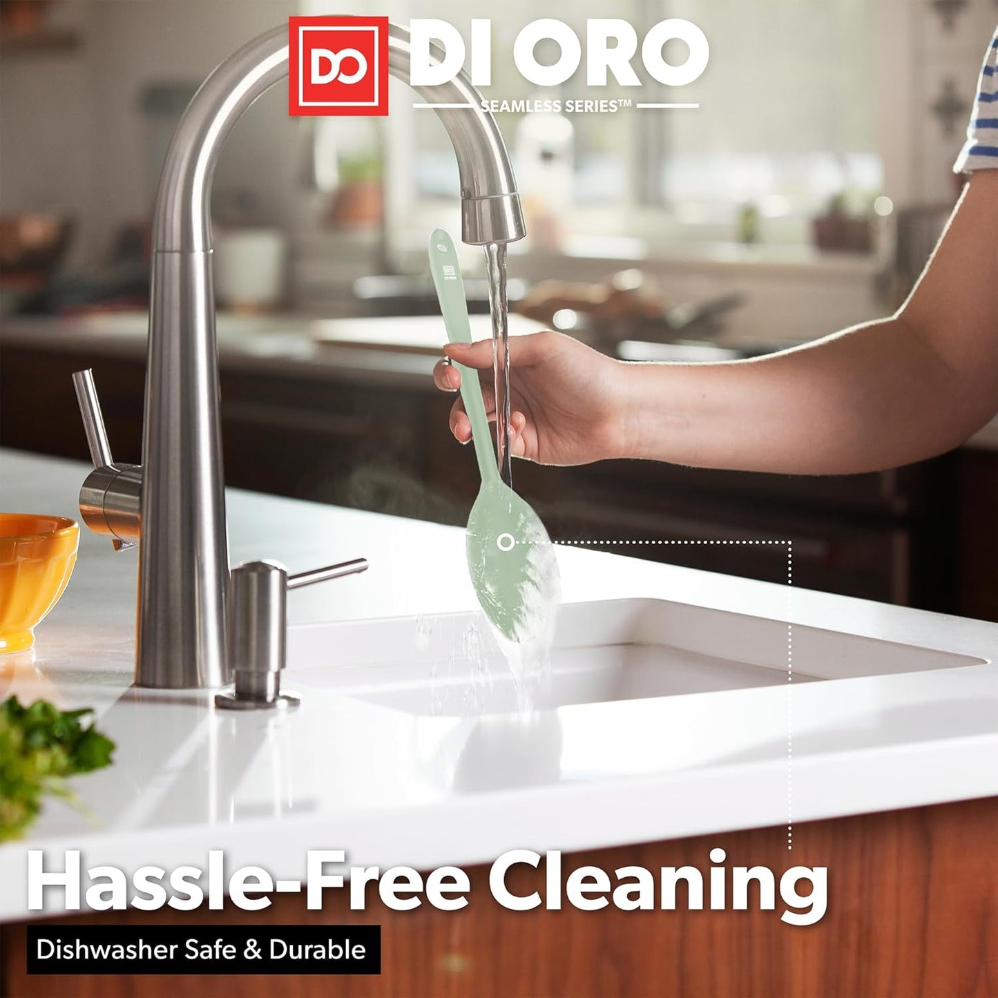 DI ORO Silicone Spoons for Cooking - Large Kitchen Spoons for Mixing, Serving, & Stirring - 600°F Heat-Resistant Non Stick Utensils – Big Solid & Slotted Basting Spoons - Dishwasher Safe (2pc, Sage)