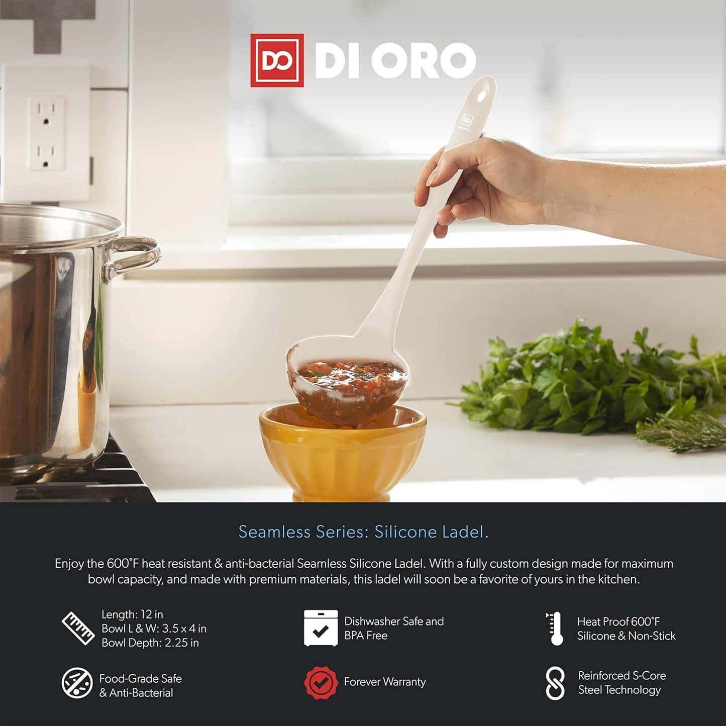 DI ORO Silicone Ladle – Soup Ladle for Cooking & Serving Heat-Resistant - Large Kitchen Soup Ladle Nonstick Cookware Safe - Soup Serving Spoon with Wide Bowl - Silicone Utensil Dishwasher Safe (Clay)