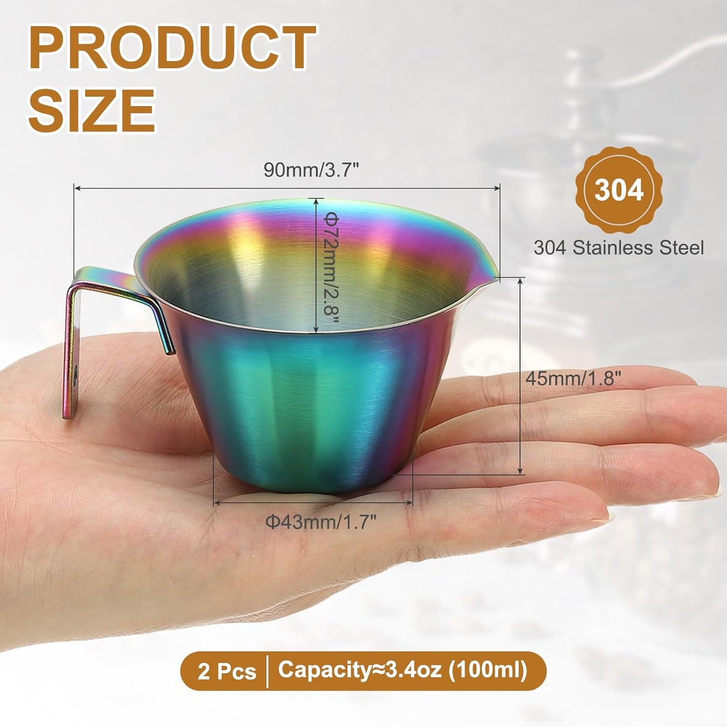 uxcell 2 Pcs Stainless Steel Espresso Cup with Handle, V-Shaped Mouth Espresso Measuring Cup with Scale for Preparing Coffee, Cocktails, 3.4OZ/100ML (Iridescent)