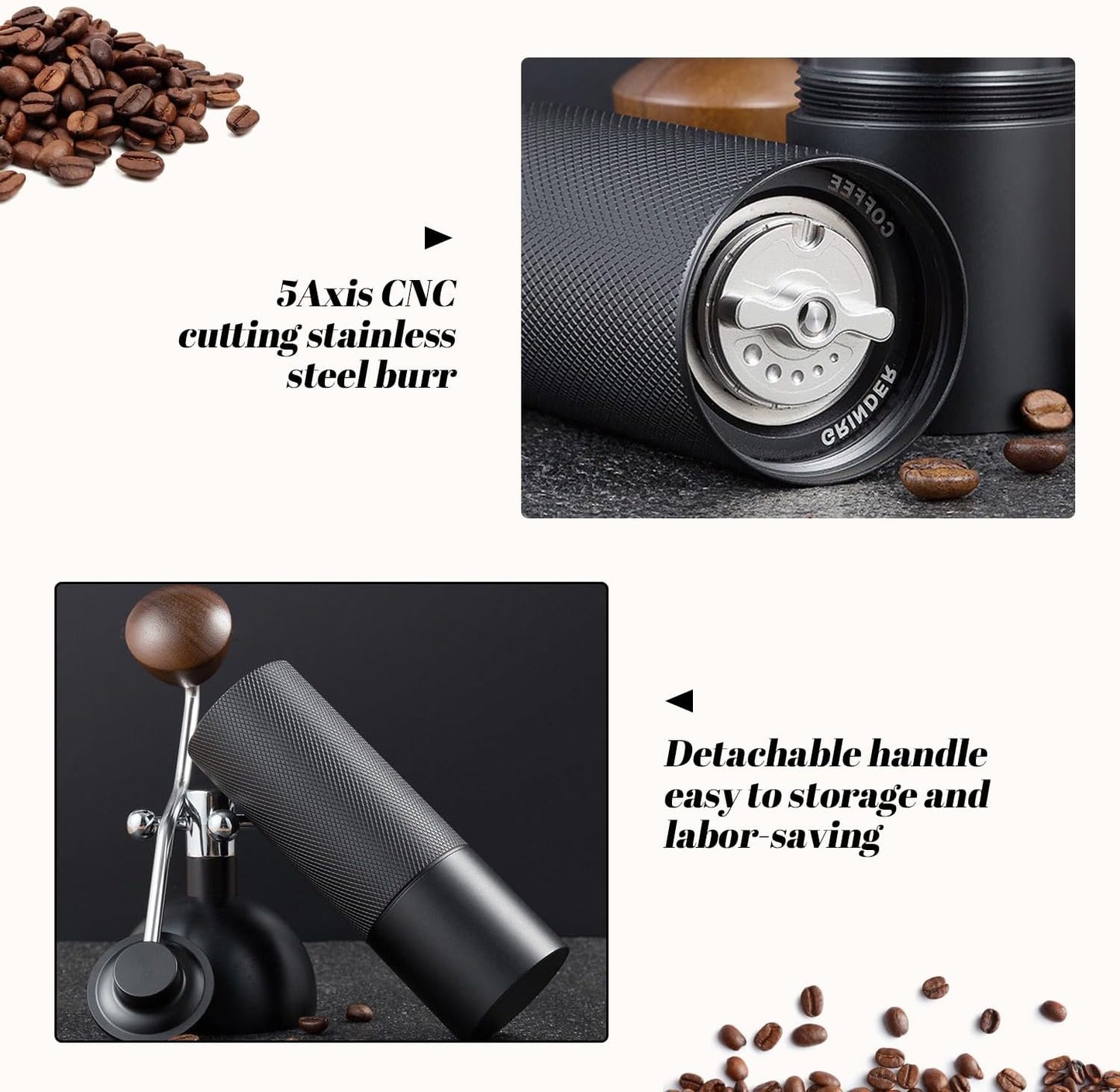 Manual Coffee Grinder Capacity 25 Grams, Stainless Steel Burrs - Wooden Handle, Burr Coffee Grinder for Home, Office, Camping, Hiking (Grey)