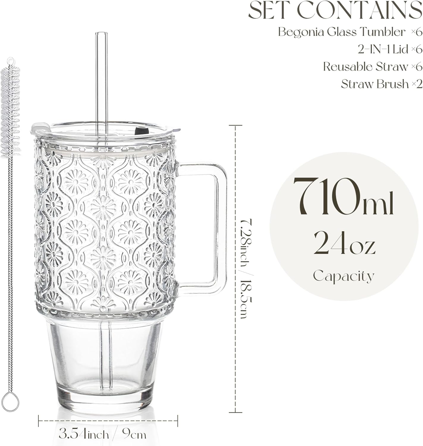 KEMORELA 6-Pack 24oz Glass Tumblers with Straws & Lids, Begonia Floral Iced Coffee Cups with Handles, Reusable Smoothie Glasses, Dishwasher Safe Cold Drinkware Set, BPA-Free Straws Included