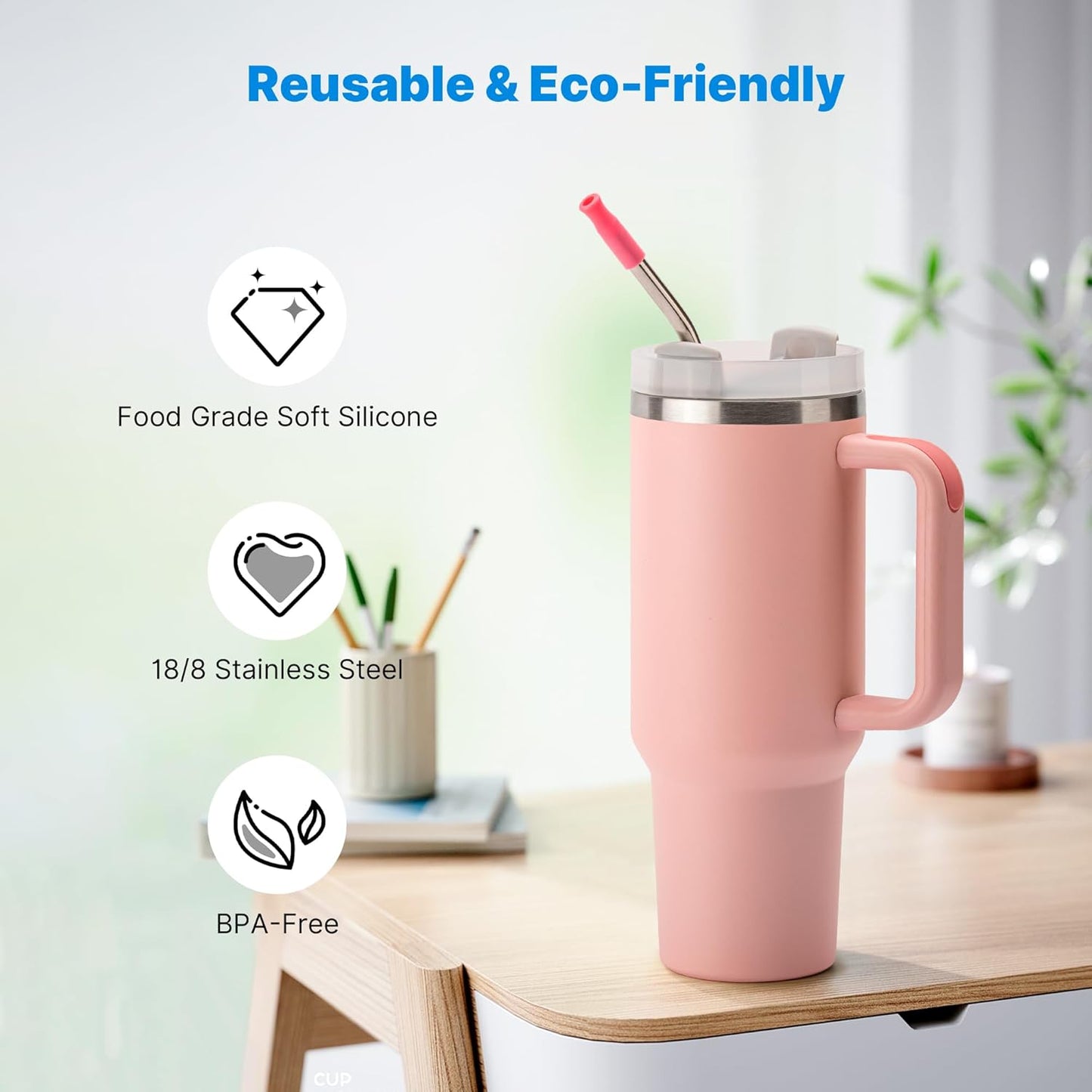 2 Pcs Stainless Steel Straw with Silicone Tips for 40 oz Stanley Tumbler, Repeatable 40 oz Metal Straws for Stanley Adventure Quencher Travel Tumbler Cup, BPA Free（Pink Dusk）
