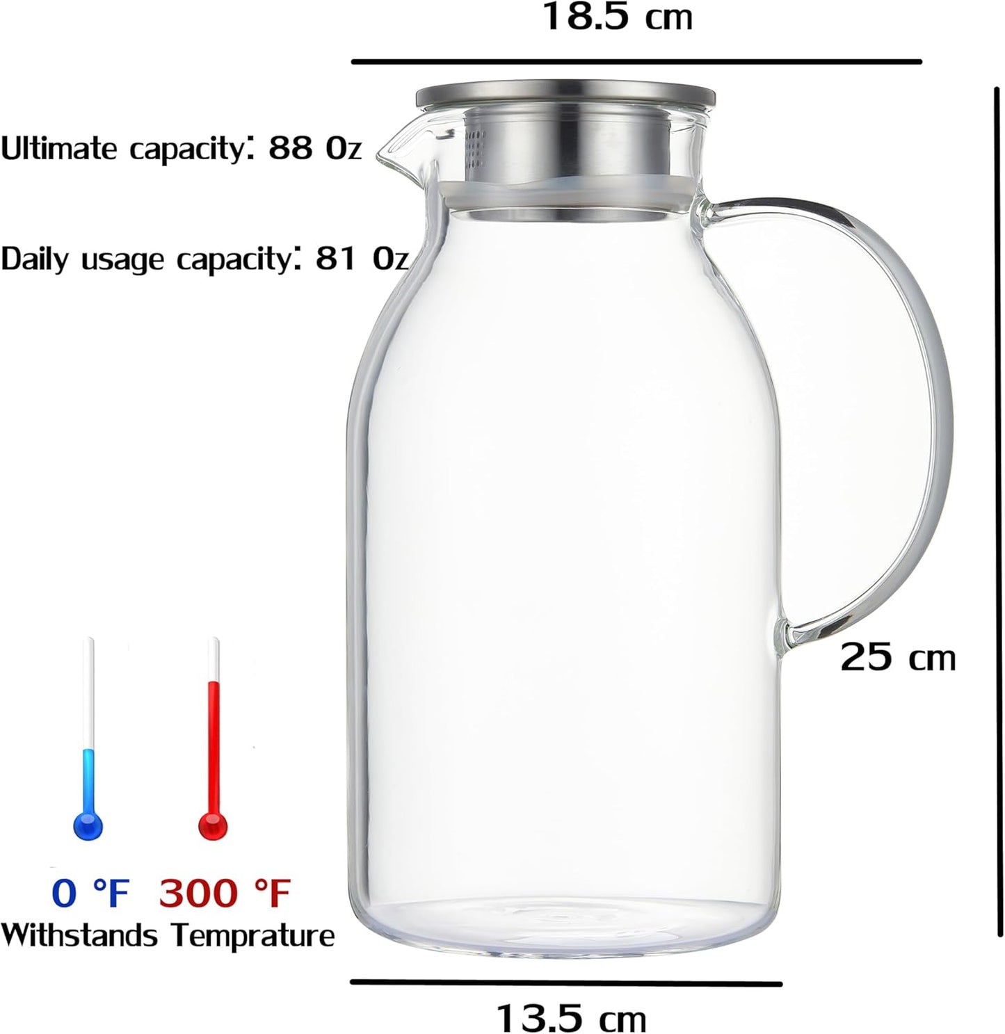 Karafu 81 Ounces/2.4 Liter Glass Pitcher with Lid, Heat-resistant Water Jug for Hot/Cold Water, Ice Tea and Juice Beverage