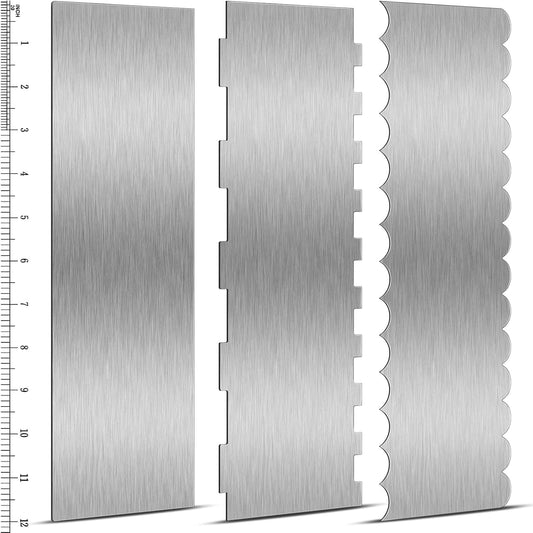 Yinkin 3 Pcs 12 Inch Cake Scraper Smoother Stainless Steel Cake Scraper Metal Large Double Sided Patterned Edge Decorating Comb Icing Smoother for Mousse Butter Cream Dessert Decoration