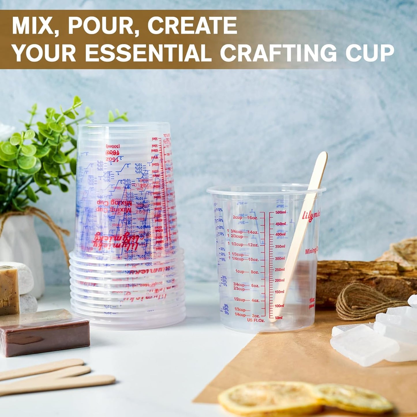 16 oz Plastic Mixing Cups, 100 Pack 16 oz (500ml) Disposable Measuring Cups with 100 Wooden Mixing Sticks, Can Be Used for Epoxy Resin, Liquid Measuring, Paint, Cooking and Baking