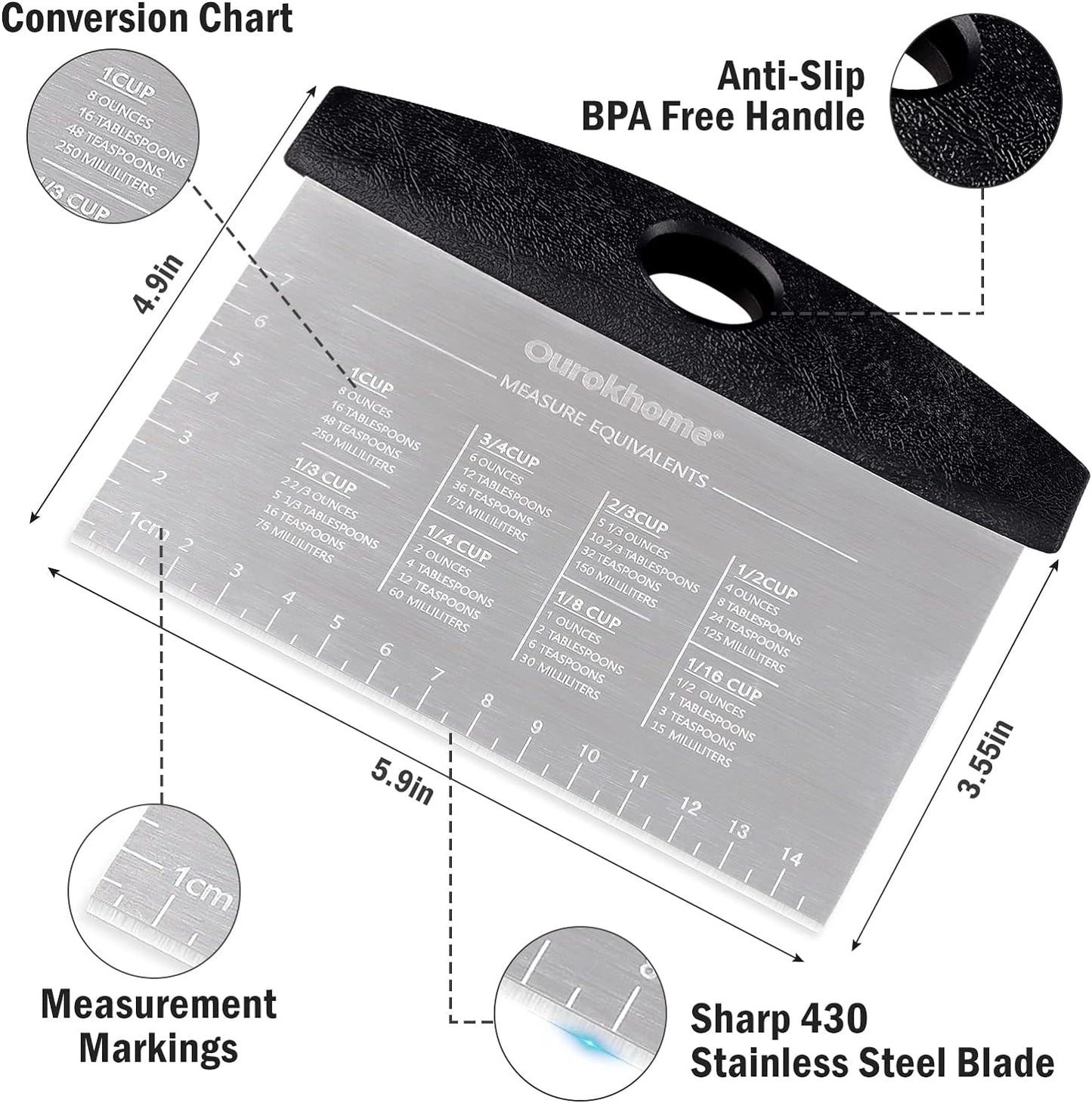 Ourokhome Dough Pastry Bench Cutter Scraper, Stainless Steel Pizza Cutter for Kitchen Baking, Dishwasher Safe, Anti-Wear Laser-Engraved Measuring Scale and Conversion Chart, 2 Pack, Black