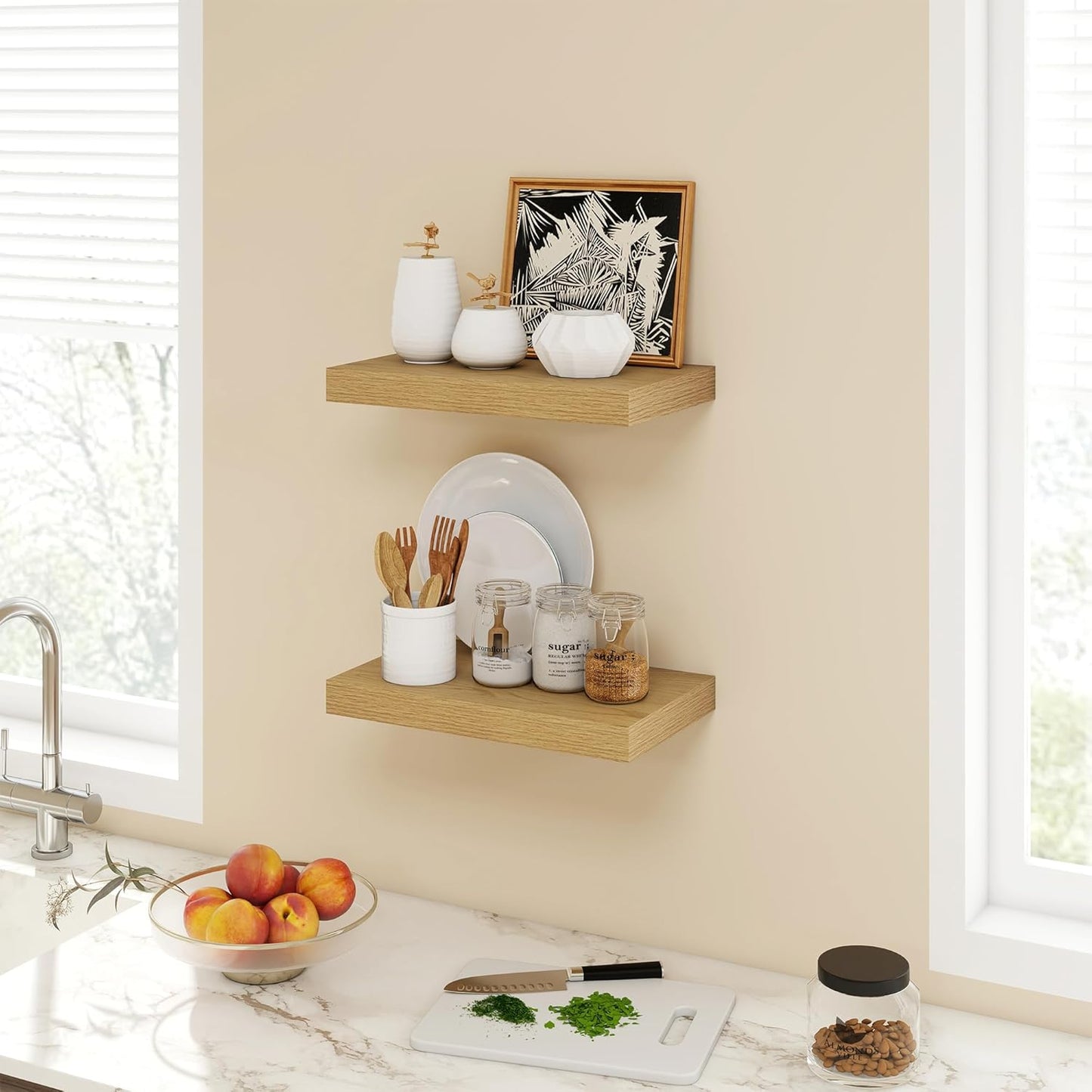 16 Inch Floating Shelves, 9.3" Deep Floating Shelf Wall Mounted, 16" Wall Shelves, Rustic Deep Bookshelf, Large Display Shelves & Storage Shelves for Bedroom, Living Room, Oak, Set of 2