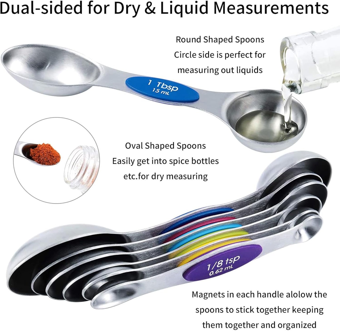 TILUCK measuring cups and magnetic measuring spoons set, stainless steel measuring cups, 6 double-sided stainless steel measuring spoons & 1 leveler (5+7)