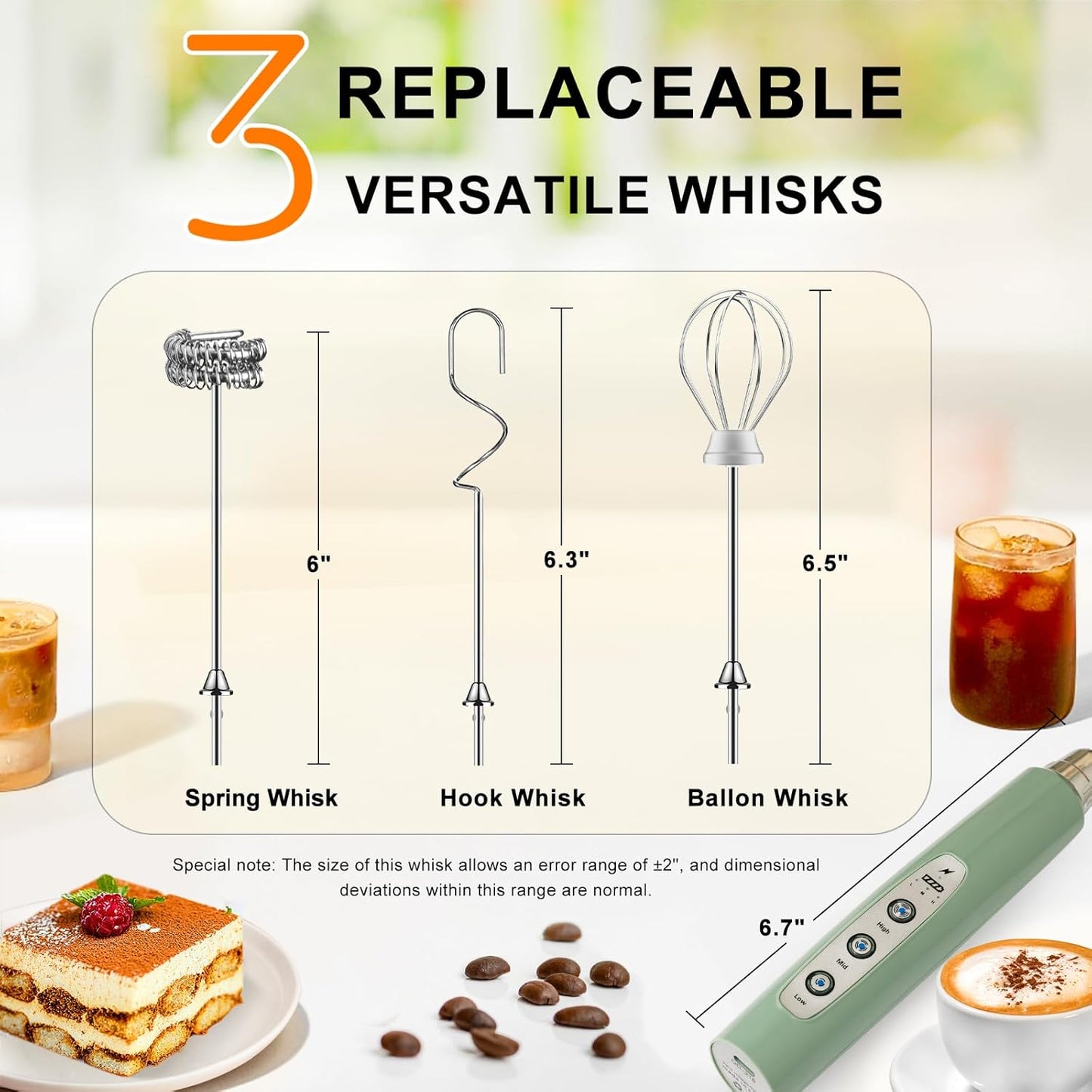 YUSWKO Granite Green Handheld Milk Frother Wand for Coffee, Rechargeable Electric Whisk with 3 Heads 3 Speeds Drink Mixer Coffee Frother For Latte, Cappuccino, Hot Chocolate, Egg