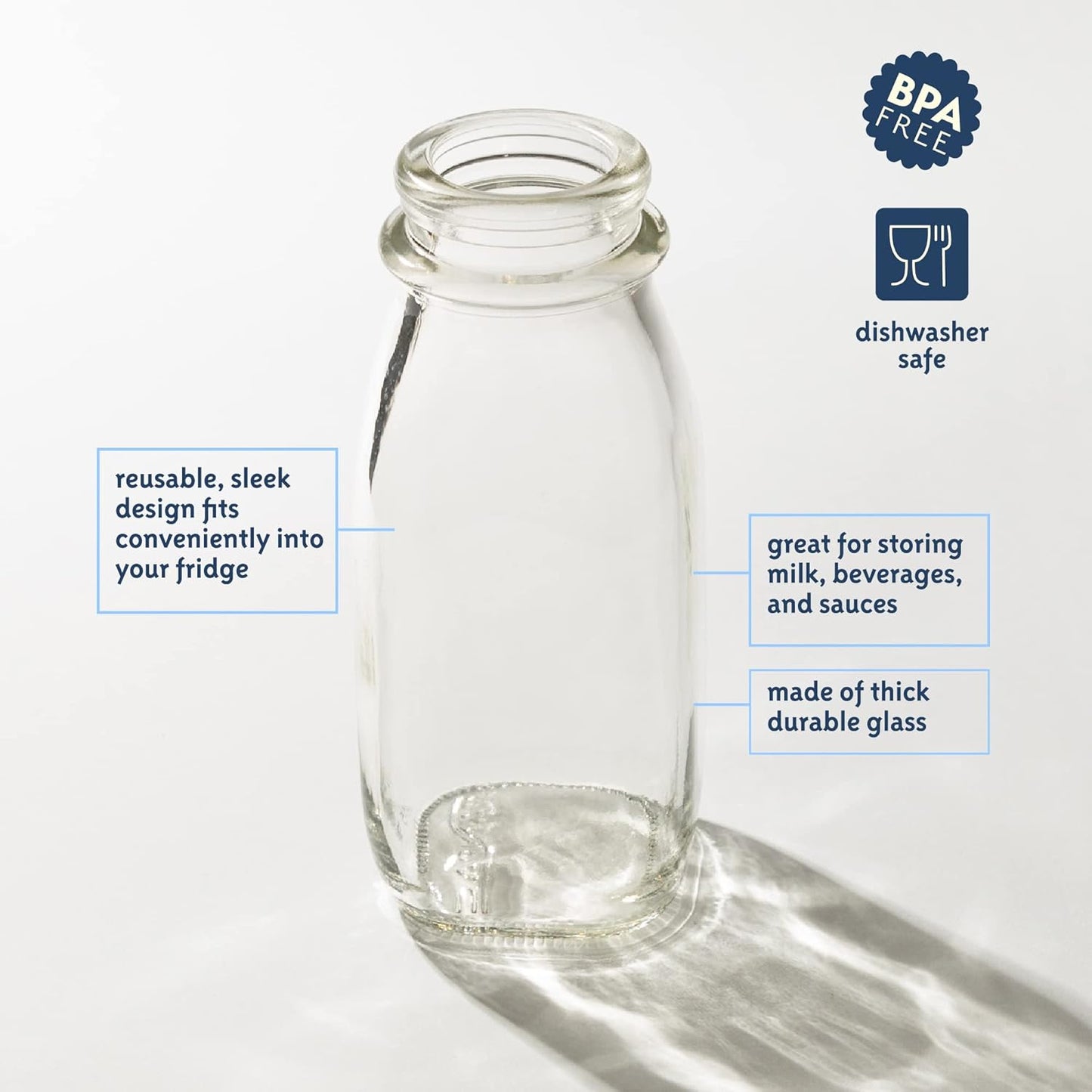 kitchentoolz 12 Oz Square Glass Milk Jugs with Caps - Perfect Milk Container for Refrigerator - 12 Ounce Glass Milk Bottle with Tamper Proof Lid and Pour Spout - Pack of 2