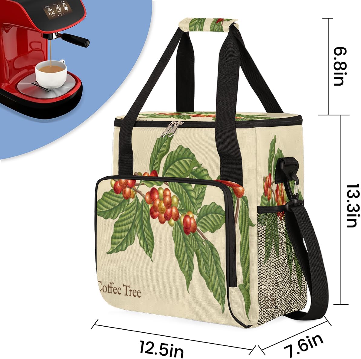 Coffee Tree Coffee Maker Carring Bag Coffee Leaf Bean Travel Carrying Storage Tote Bag Compatible with Keurig K-Mini or K-Mini Plus Portable Single Serve Coffee Brewer Case with Pockets for K-cup Pods