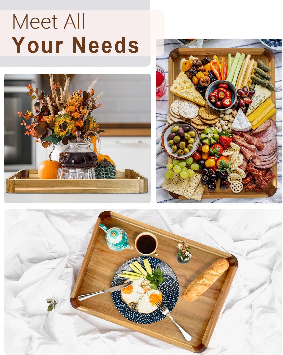 22 Inches Acacia Wood Serving Tray with Handles, Large Wooden Rectangle Ottoman Tray, Nice Home Decor for Living Room Coffee Table Couch, Ideal Size for Serving Food Breakfast BBQ Party