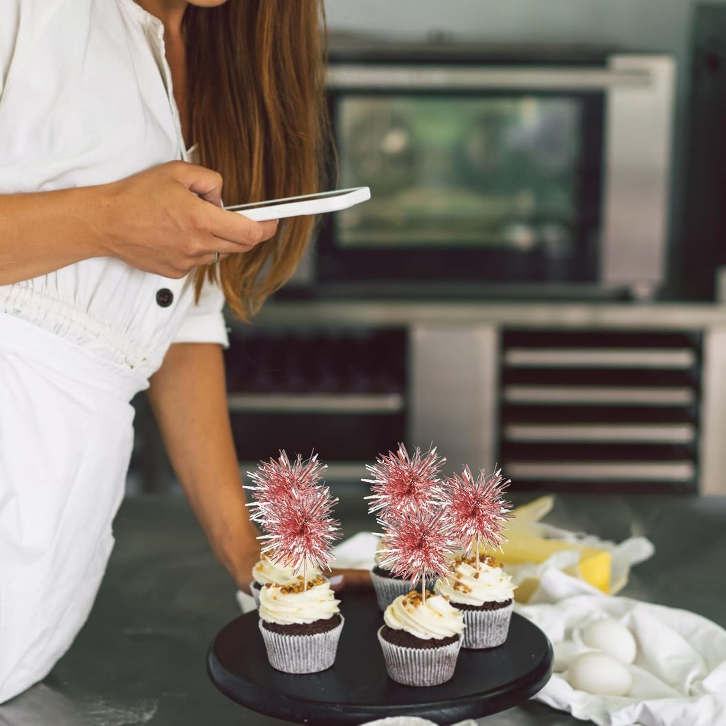 40 PCS Foil Firework Cupcake Toppers Rose Gold Sparkler Cupcake Picks Sparkle Tinsel Fireworks Decorations Cocktail Fruit Toothpick for Firework Theme Birthday Wedding Graduation Party Decor Supplies