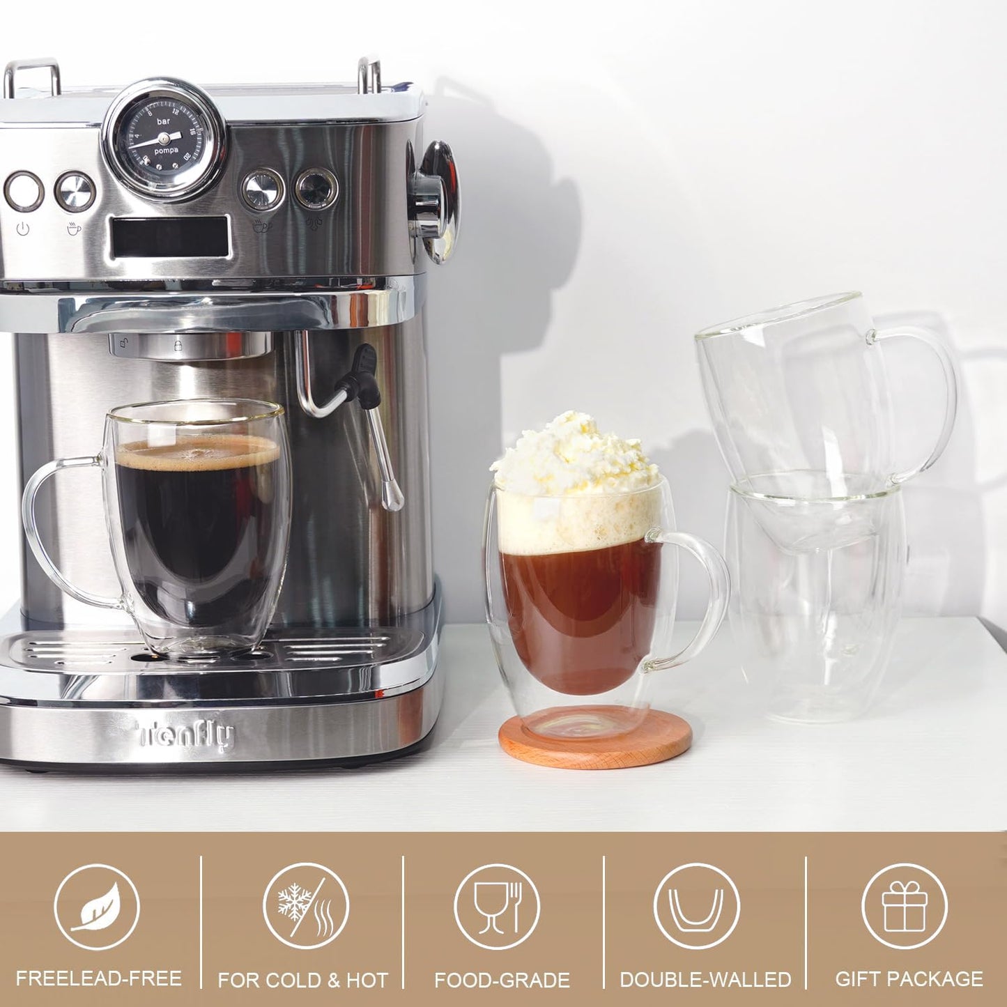 Double Wall Glass Coffee Mugs 12 OZ, Clear Coffee Cup With Handle,Insulated Coffee Mugs Set of 6 With Spoons Perfect for Espresso, Cappuccino, Latte, American,Tea Bag, Beverage