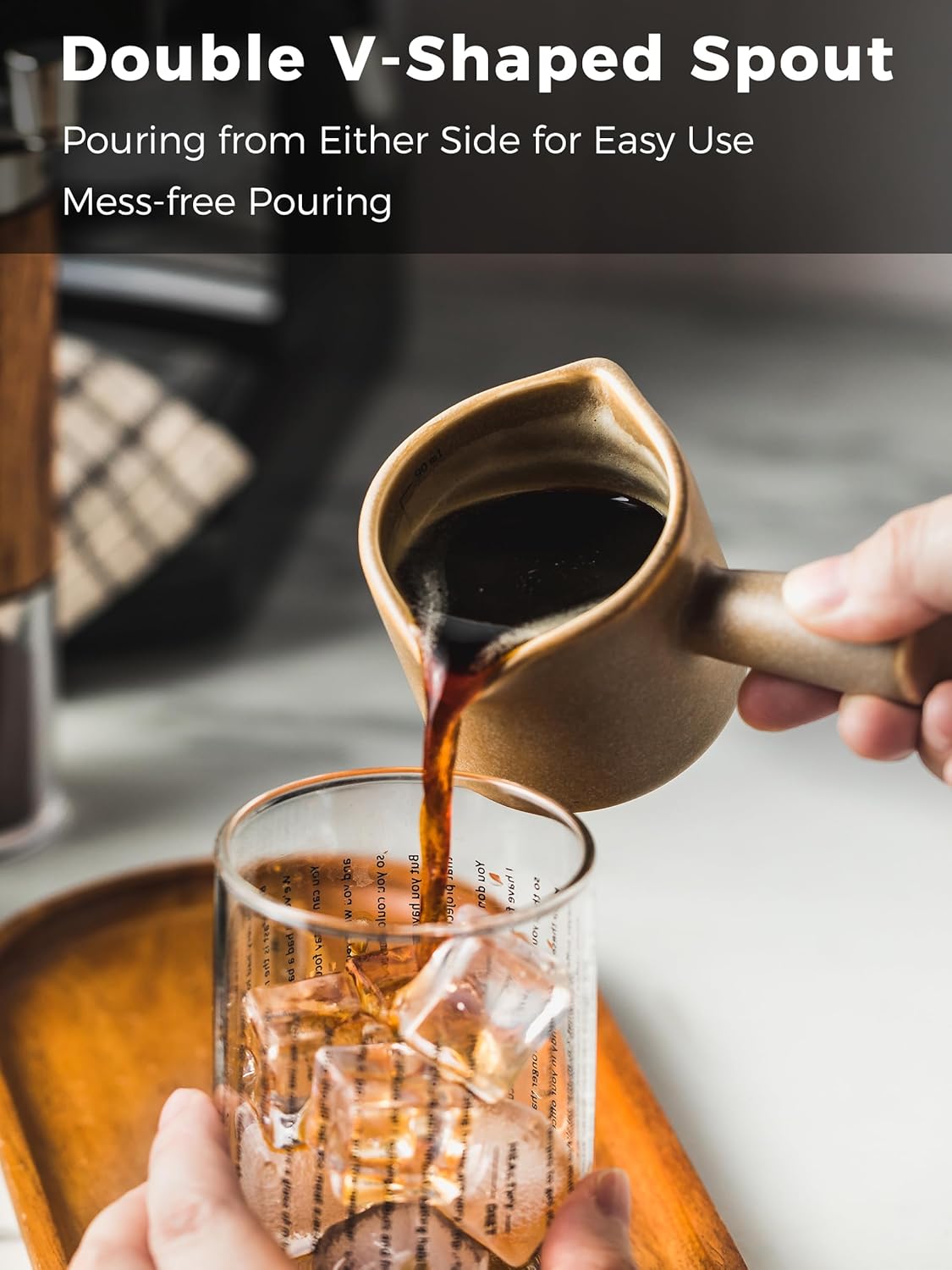 Espresso Measuring Cup, Ceramic Espresso Cup with Handle, Expresso Shots Cups Double Spouts Milk Cup, Espresso Accessories, 3 Oz/ 90 Ml, Brown