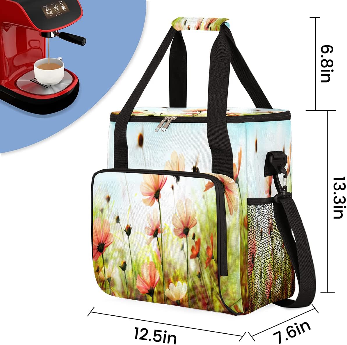 Spring Flower Coffee Maker Carring Bag Colorful Floral Travel Storage Tote Bag Compatible with Keurig K-Mini or K-Mini Plus Portable Single Serve Coffee Brewer Case with Pockets for K-cup Pods