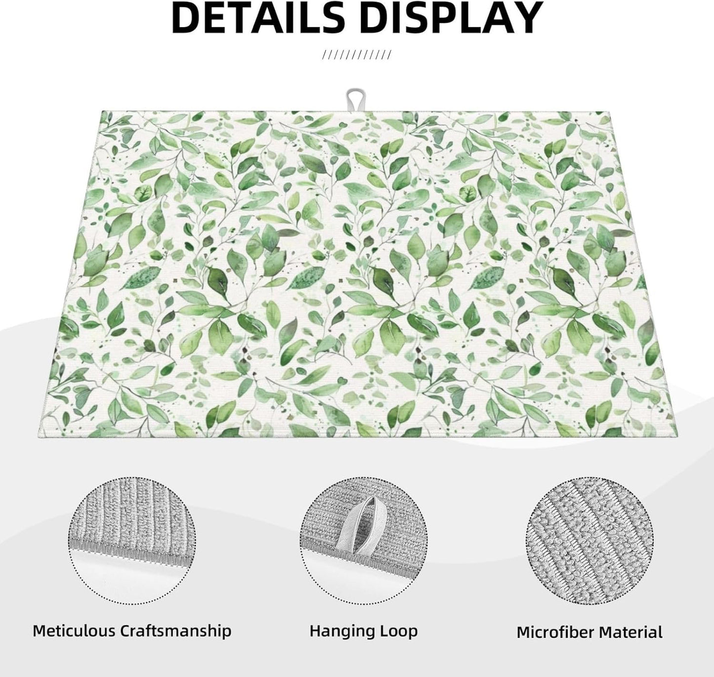 Green Leaves Dish Drying Mat, Highly Absorbent Microfiber Kitchen Counter Pad Reusable Washable, 18*24"