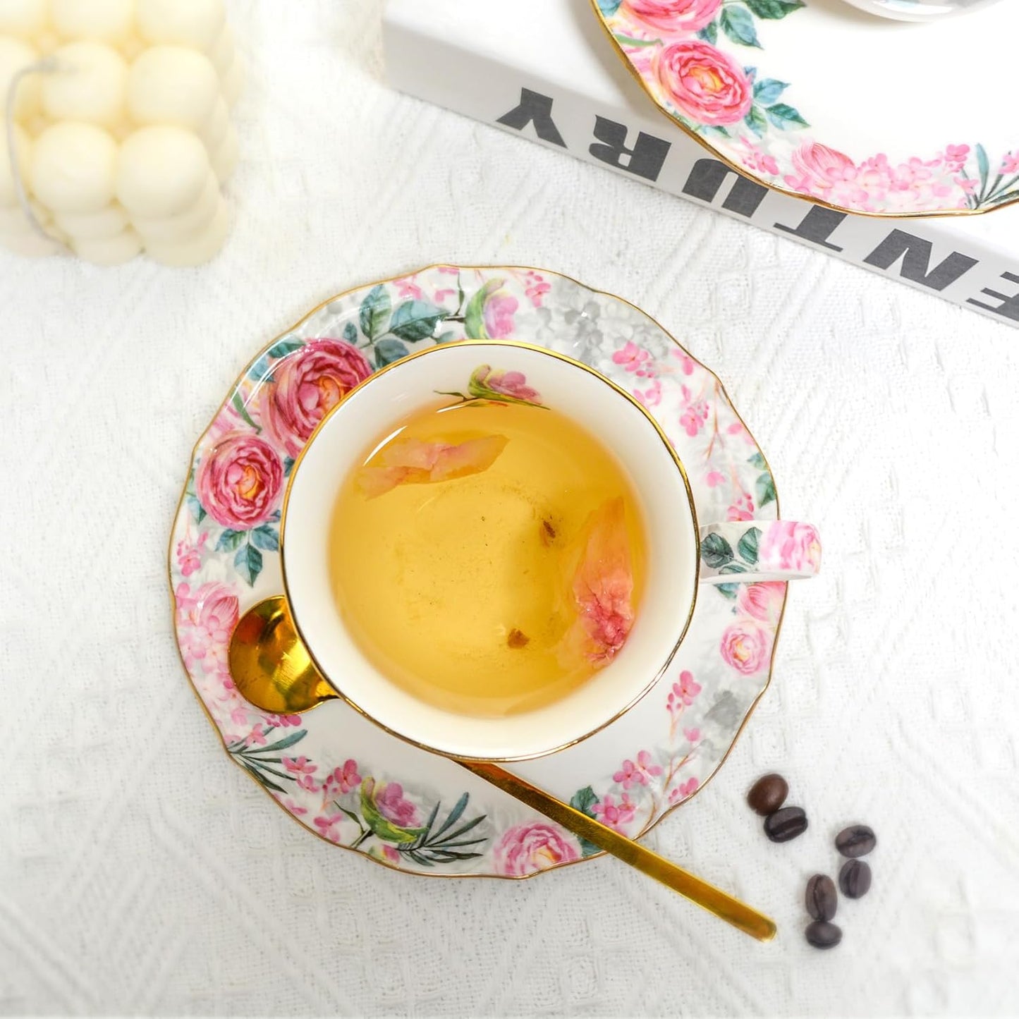 Bone China Tea Set, Vintage Floral Coffee Cups and Tea Sets, Porcelain Tea Set With Teapot for Women Tea Party British, Christmas Gifts(Pink)