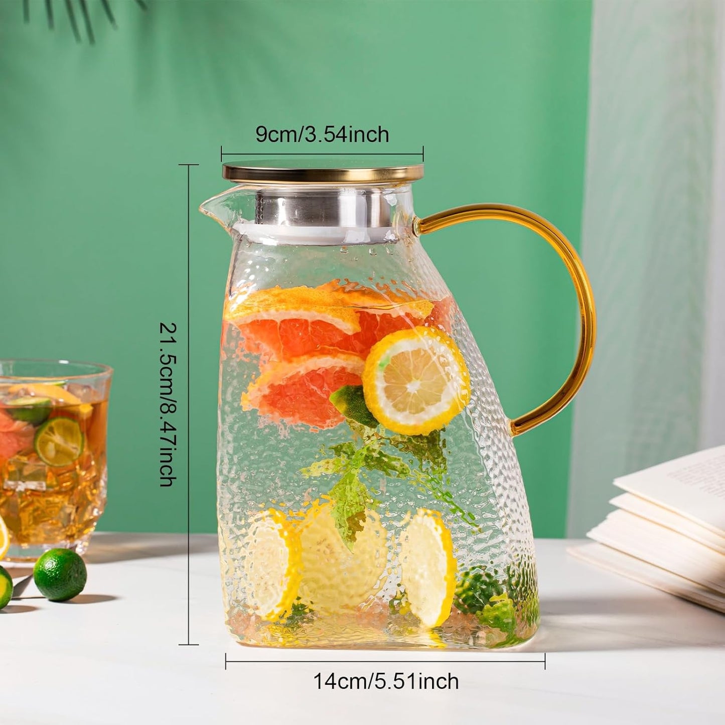 Glass Pitcher With Lid and Spout, 1.8 Liter 60 oz Glass Pitchers With Handle And Lid, Jug Water Pitchers For Fridge, Carafe Jar for Hot/Cold Water Iced Tea Juice Coffee Milk Beverage