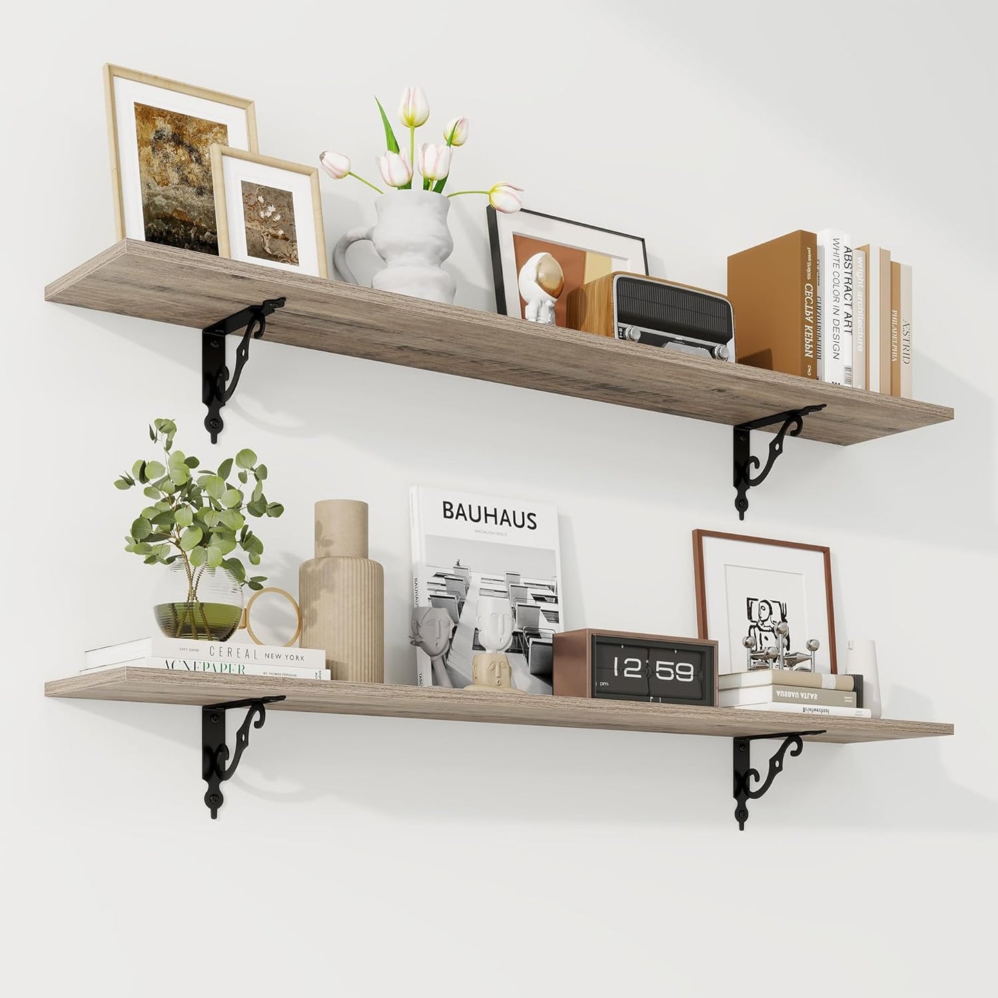 RICHFOCUS Floating Shelves for Wall Decor, 47.3W x 8D Shelves Set of 2, 8 Inch Deep Rustic Wood Shelves Wall Mounted with Brackets, Long Floating Shelves for Living Room Bedroom Kitchen, Grey