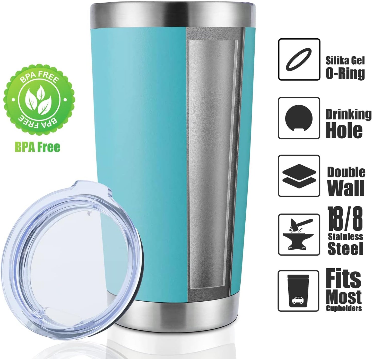 DOMICARE 20oz Stainless Steel Tumbler Bulk with Lid, Double Wall Vacuum Insulated Travel Mug, Powder Coated Coffee Cup, Light Blue, 1 Pack
