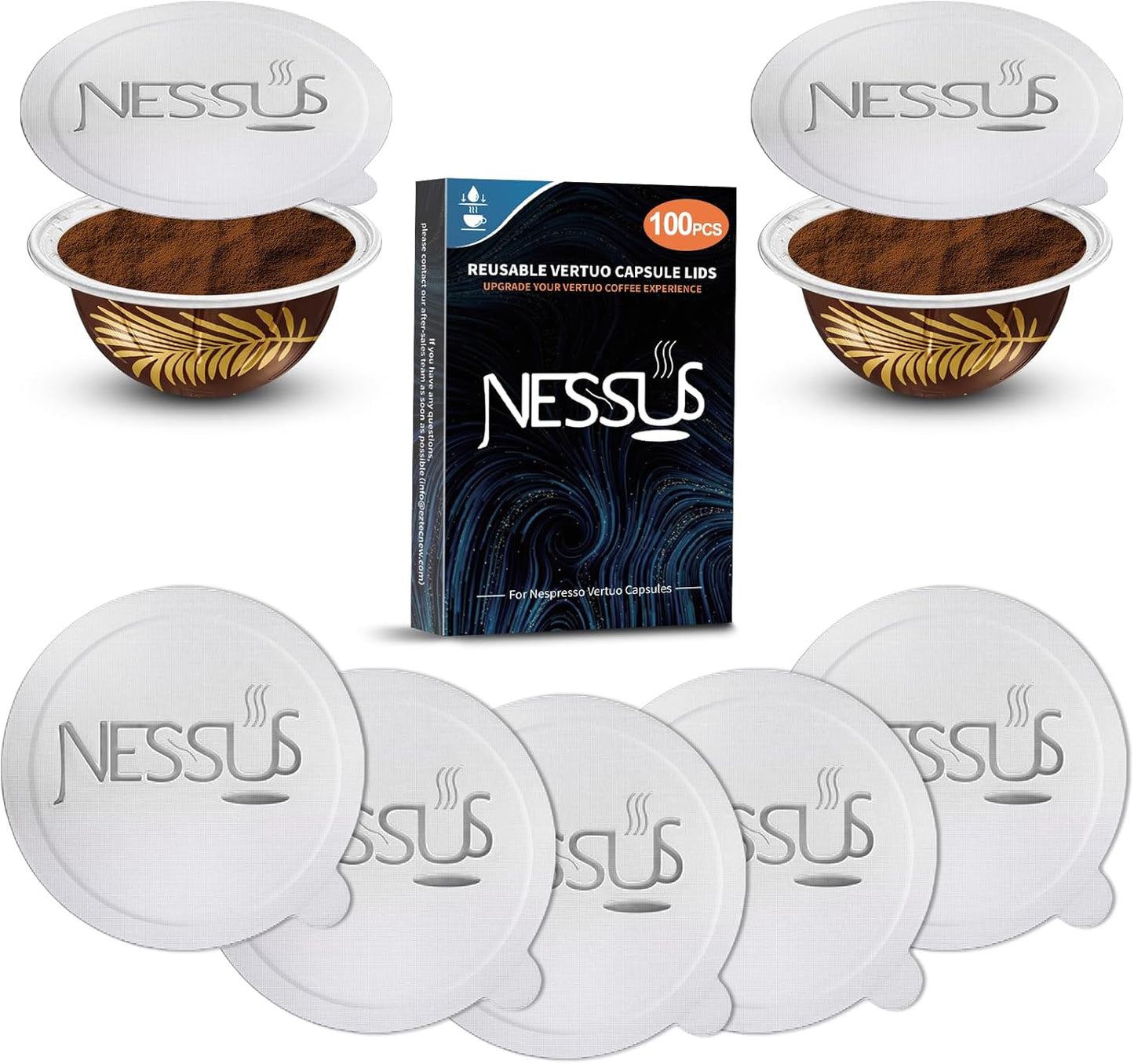 Nessus 100 PCS Original Aluminum Foil Lids from Vertuo Reusable Pods Kit, [ALSeal EZ FIT] for Nespresso Refillable Pods, Compatible with Nespresso Vertuoline Machine(Foil Seals Only)