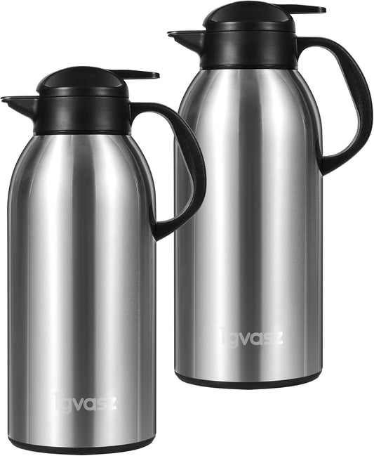 2 PCS Large and Heavy Thermal Coffee Carafe 101 oz,Fullness Water is 7.3 LB - 24 Hours Hot, Insulated Airpot Dispenser,Coffee Carafes For Keeping Hot for Parties (2 Silver)