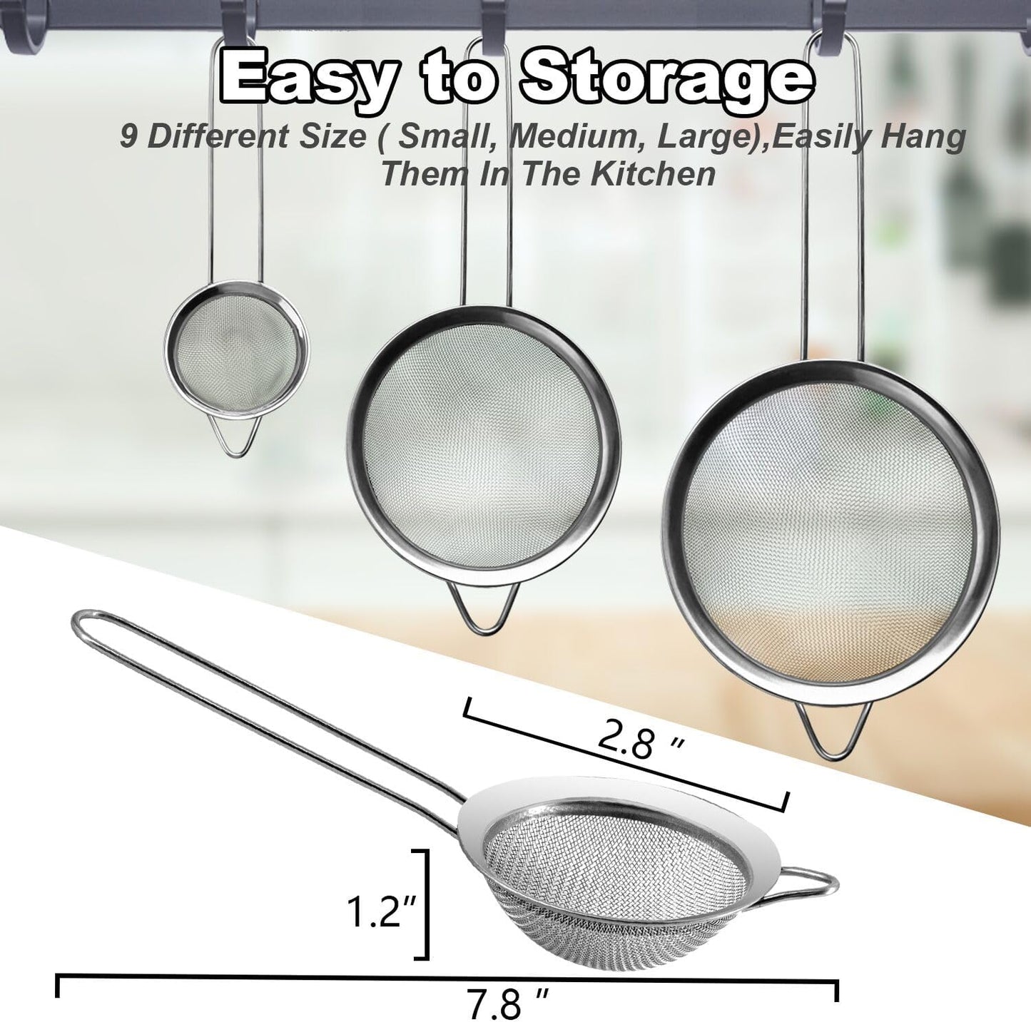 Anaeat Fine Mesh Strainers - Premium Stainless Steel Colander Sieve Sifters, with Durable Mesh and Sturdy Handle, Excellent for Sifting Dry ingredients, Flour, Pastas, Rice, Tea (2.8"）