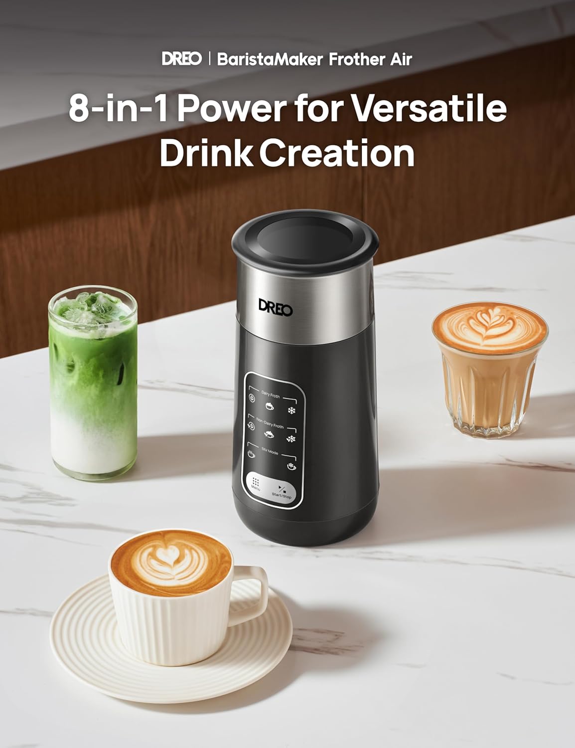Dreo Milk Frother, 8-in-1 Electric Frother for Latte Art Coffee, 9oz/270ml Warm and Cold Foam Automatic Frothers for Dairy and Non-Dairy Milk, LED, Easy to Clean, BaristaMaker Air