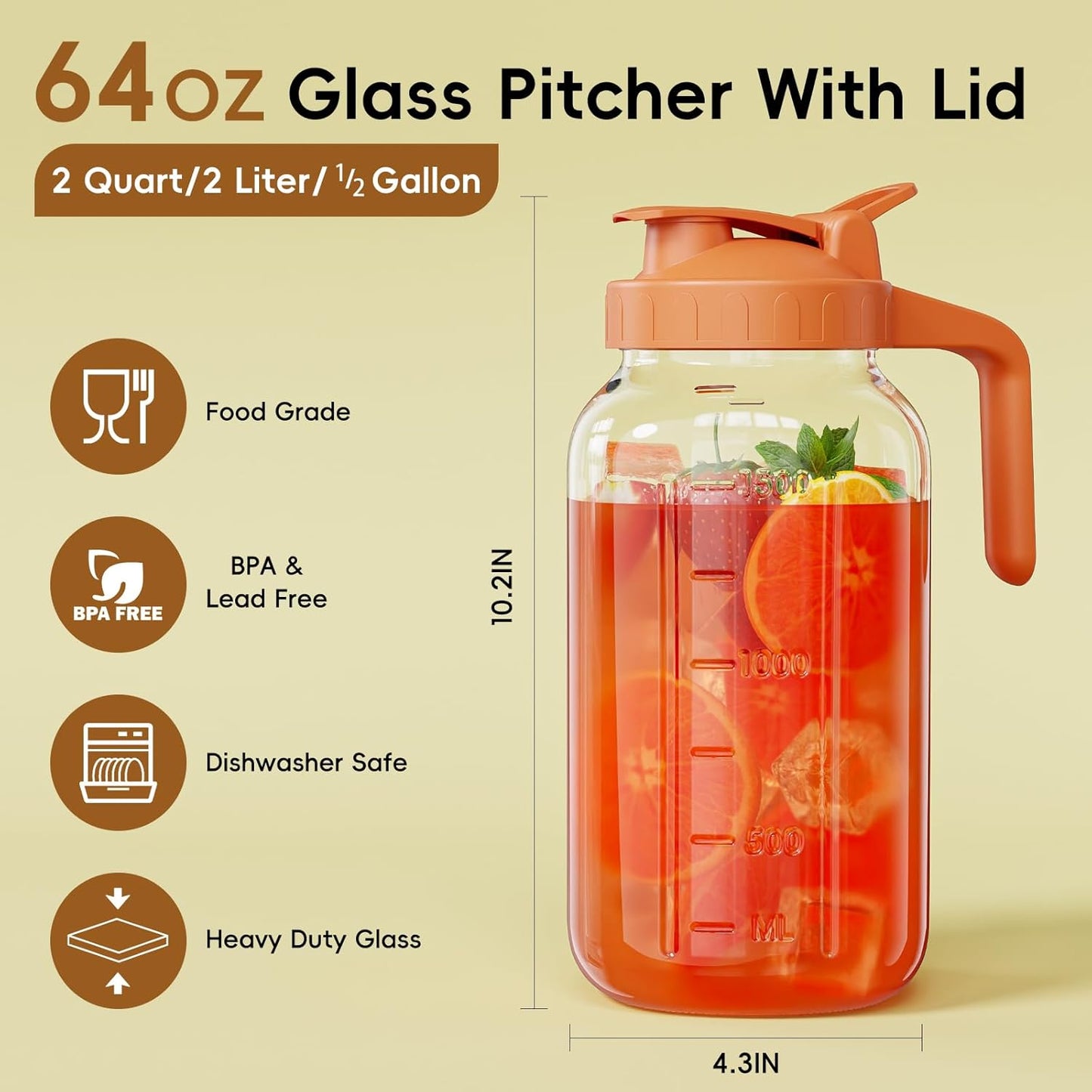 Glass Mason Jar Pitcher, 64 oz Wide Mouth Jug with Pour Spout Handle Lid for Cold Brew Coffee, Ice Beverage, Iced Juice, Lemonade, Sun Tea, Fruit Drinks Container（Orange）