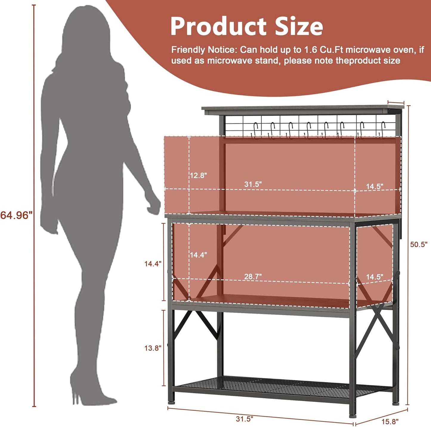 Furologee Kitchen Bakers Rack with Hutch,Coffee Stand with Storage 4 Tiers,Coffee Bar Station with a 31.5 Inch Larger Desktop and 8 S Hooks,Kitchen Microwave Rack for Spices,Pots,Rustic Brown
