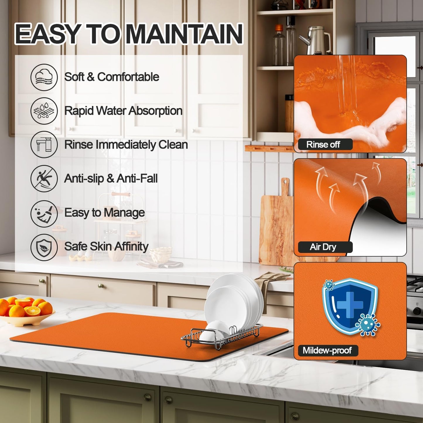 Dish Drying Mat for Kitchen Counter | Coffee Bar Mat for Countertops | Heat Resistant Drainer Mat with Non-slip Rubber Backed | Hide Stain Kitchen Absorbent Draining Mat | Orange 16"x24"