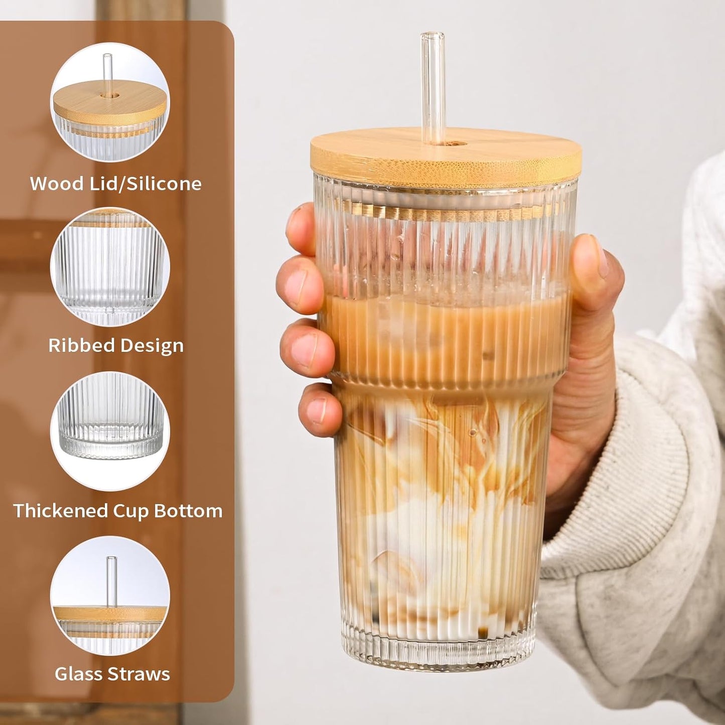 20oz Glass Cups with Lids and Straws,2PCS Ribbed Glass Coffee Cups,Iced Coffee Cups with Lid,Vintage Bamboo Tumbler for Juice,Smoothies